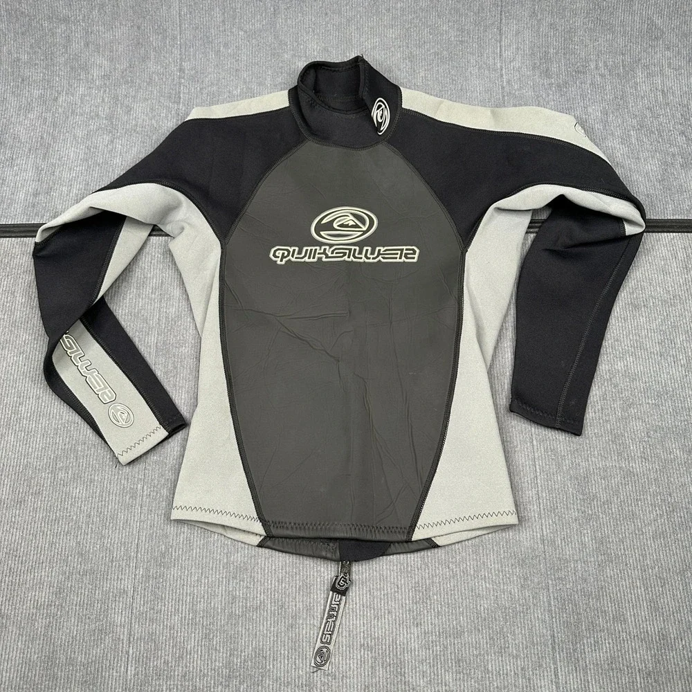Quiksilver Wetsuit Top Long Sleeve Grey Black Logo Surf Rash‎ Guard Mock Neck